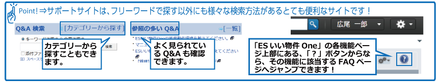 サポートサイトはフリーワード以外にもカテゴリや、よく参照されているQ&Aからも簡単に知りたい内容にたどり着けます！