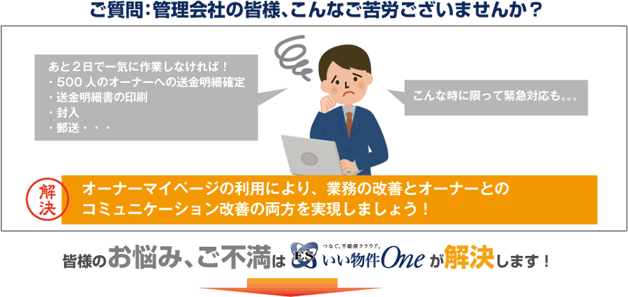 賃貸管理会社の皆様、こんなご苦労ございませんか？500人のオーナーへの送金明細確定…送金明細の印刷…etc. オーナーマイページの利用により、業務の改善とオーナーとのコミュニケーション改善の両方を実現しましょう！