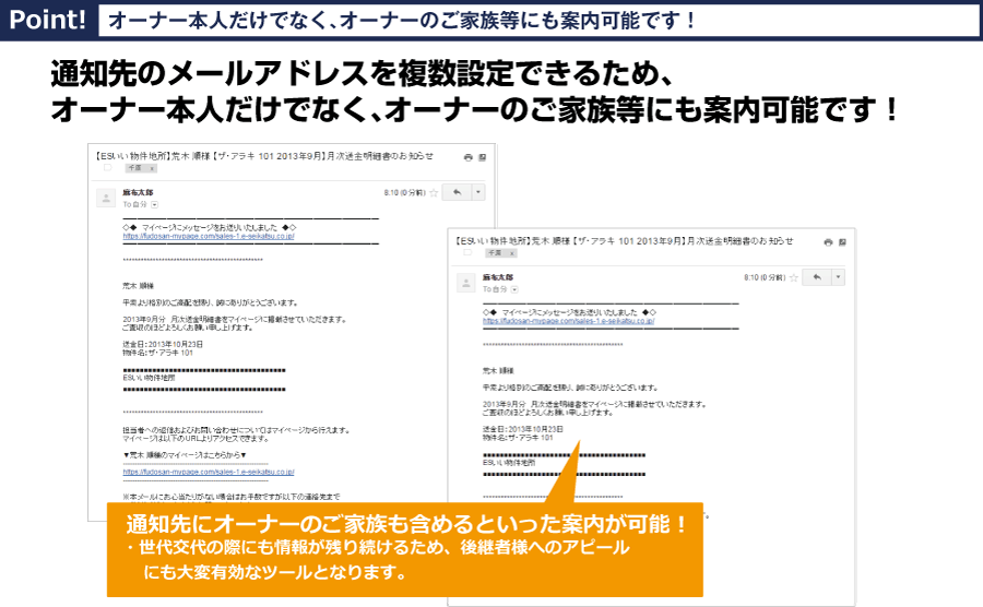 オーナーマイページなら通知先のメールアドレスを複数設定できるため、オーナー本人だけでなく、オーナーのご家族等にも案内可能です！