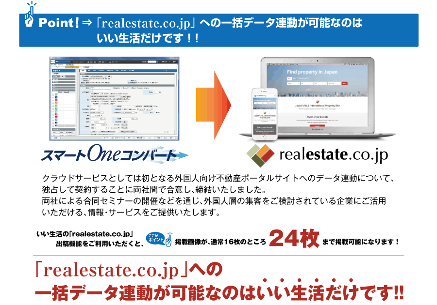 Point! ⇒ 「realestate.co.jp」 への一括データ連動が可能なのはいい生活だけです！!