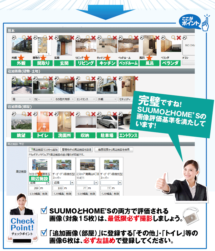 下図の  緑背景  の箇所（対象全15枚）に記載した
画像カテゴリで画像を登録いただくことでSUUMOとHOME’Sそれぞれの画像評価基準を簡単にクリアできます！