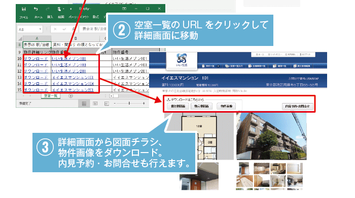 ②空室一覧のURLをクリックしてて詳細画面に移動③詳細画面から図面チラシ、物件画像をダウンロード。