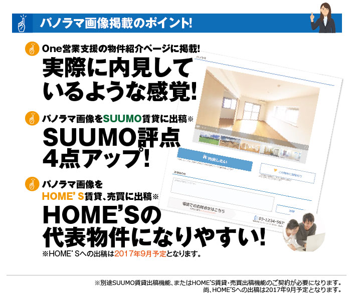 パノラマ画像掲載のポイント！①One営業支援の物件紹介ページに掲載！実際に内見しているような感覚！②パノラマ画像をSUUMO賃貸に出稿！SUUMO評点4点アップ！③パノラマ画像をHOME'S賃貸、売買に出稿！