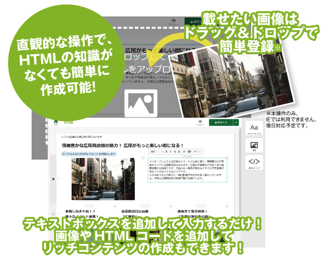 直観的な操作で、HTMLの知識がなくても簡単に作成可能！
